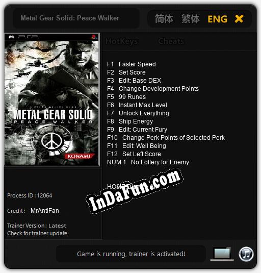 Metal Gear Solid: Peace Walker: TRAINER AND CHEATS (V1.0.94)