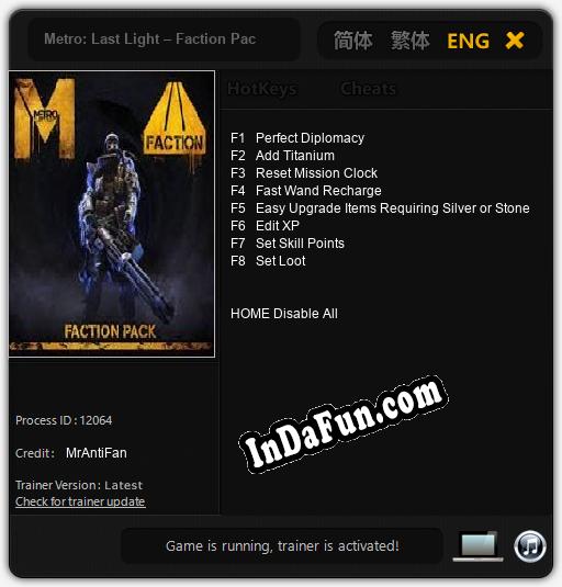 Metro: Last Light – Faction Pack: TRAINER AND CHEATS (V1.0.41)