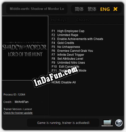 Trainer for Middle-earth: Shadow of Mordor Lord of the Hunt [v1.0.6]