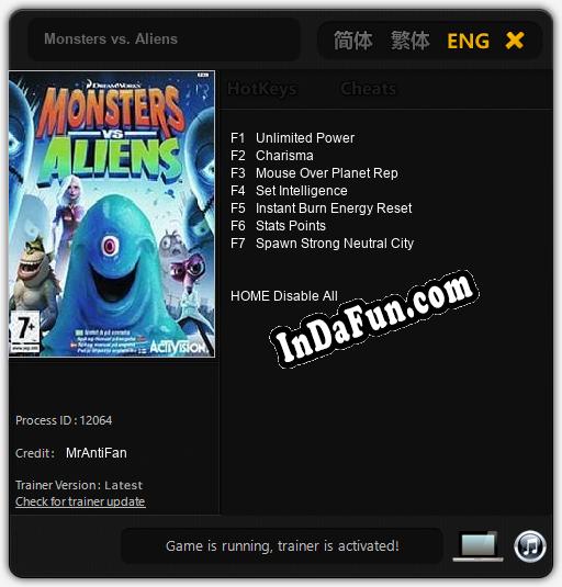 Trainer for Monsters vs. Aliens [v1.0.3]