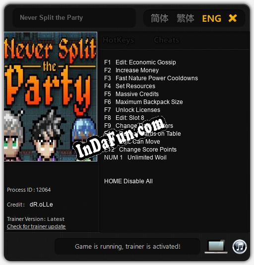 Never Split the Party: TRAINER AND CHEATS (V1.0.3)
