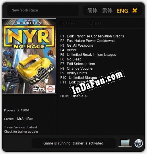 New York Race: Cheats, Trainer +11 [MrAntiFan]