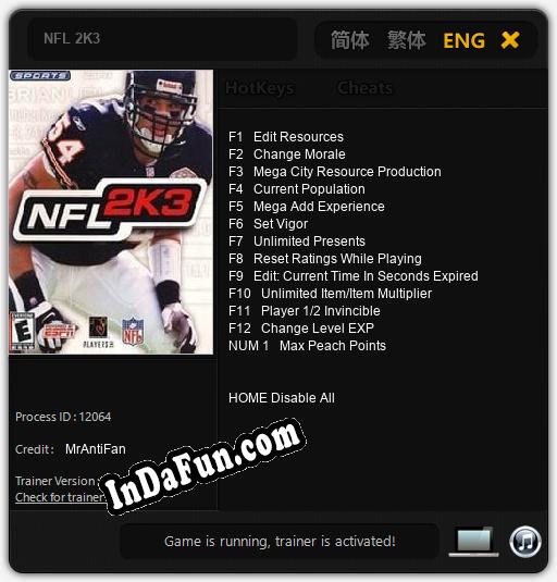 NFL 2K3: TRAINER AND CHEATS (V1.0.34)