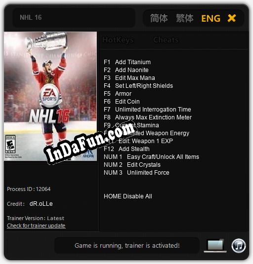 NHL 16: TRAINER AND CHEATS (V1.0.30)