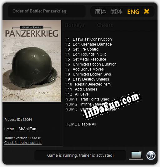 Trainer for Order of Battle: Panzerkrieg [v1.0.8]