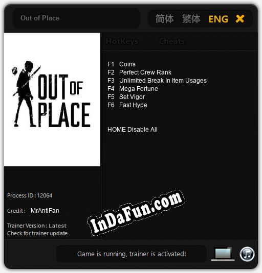 Out of Place: Cheats, Trainer +6 [MrAntiFan]