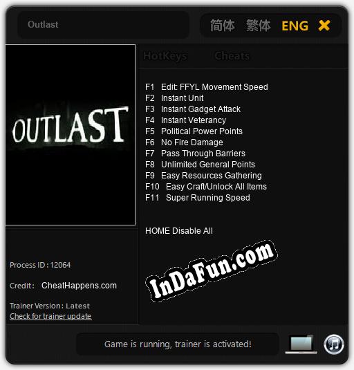 Outlast: TRAINER AND CHEATS (V1.0.90)