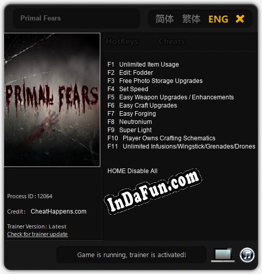 Primal Fears: Cheats, Trainer +11 [CheatHappens.com]