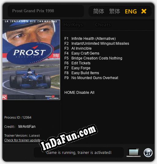 Prost Grand Prix 1998: Cheats, Trainer +9 [MrAntiFan]