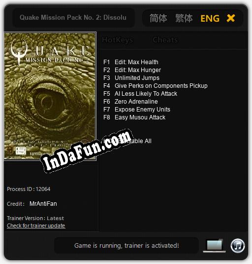 Trainer for Quake Mission Pack No. 2: Dissolution of Eternity [v1.0.4]
