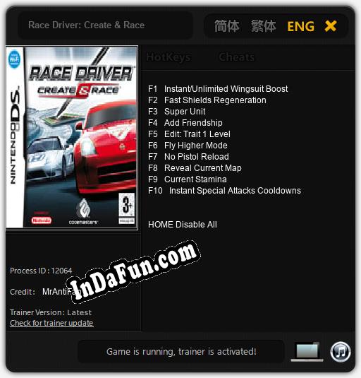 Race Driver: Create & Race: TRAINER AND CHEATS (V1.0.25)