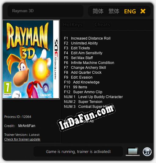 Rayman 3D: TRAINER AND CHEATS (V1.0.71)