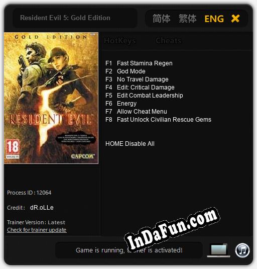 Trainer for Resident Evil 5: Gold Edition [v1.0.2]