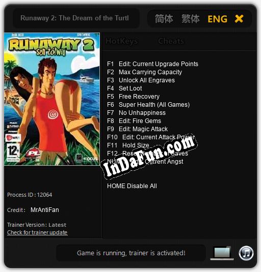 Runaway 2: The Dream of the Turtle: TRAINER AND CHEATS (V1.0.12)