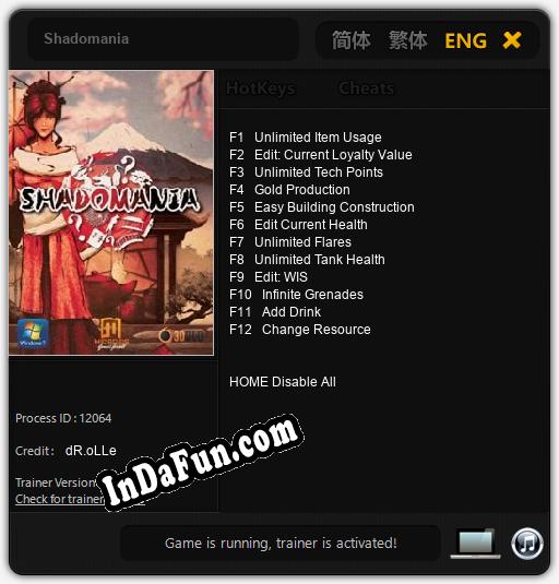 Trainer for Shadomania [v1.0.8]