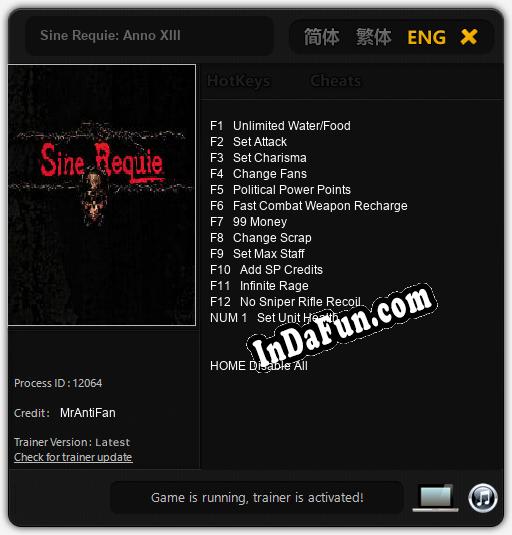 Sine Requie: Anno XIII: TRAINER AND CHEATS (V1.0.17)