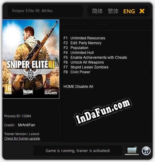 Sniper Elite III: Afrika: Trainer +8 [v1.3]