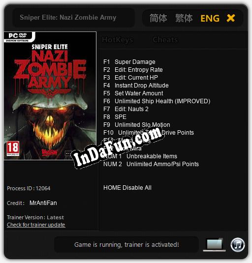 Trainer for Sniper Elite: Nazi Zombie Army [v1.0.9]