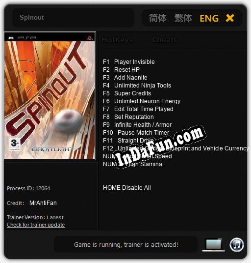 Spinout: TRAINER AND CHEATS (V1.0.13)