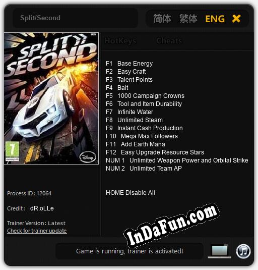 Split/Second: TRAINER AND CHEATS (V1.0.33)