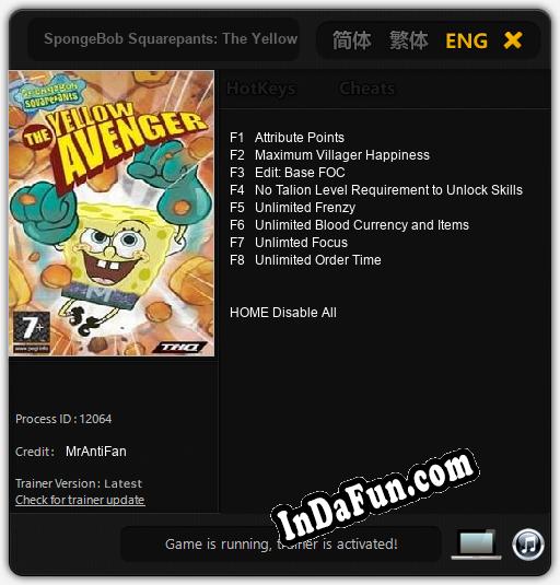 SpongeBob Squarepants: The Yellow Avenger: Cheats, Trainer +8 [MrAntiFan]