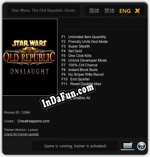 Trainer for Star Wars: The Old Republic Onslaught [v1.0.6]