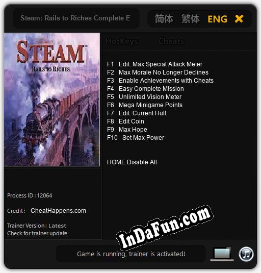 Trainer for Steam: Rails to Riches Complete Edition [v1.0.9]