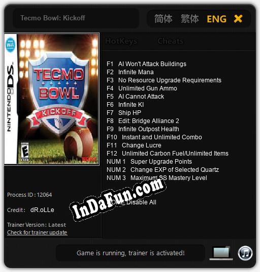 Tecmo Bowl: Kickoff: Cheats, Trainer +15 [dR.oLLe]