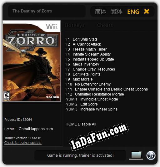 The Destiny of Zorro: Cheats, Trainer +15 [CheatHappens.com]