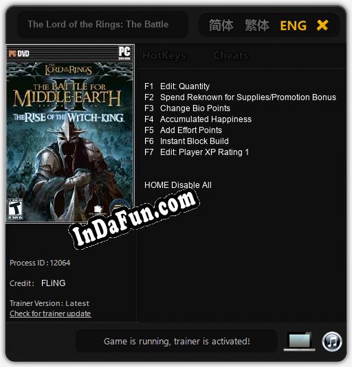 Trainer for The Lord of the Rings The Battle for Middle Earth II The