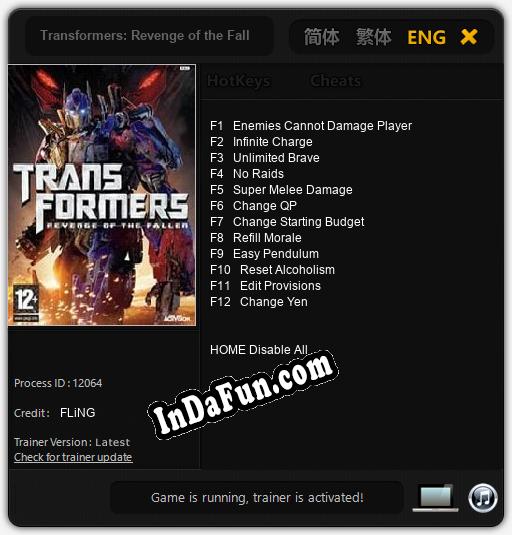 Trainer for Transformers: Revenge of the Fallen The Game [v1.0.4]