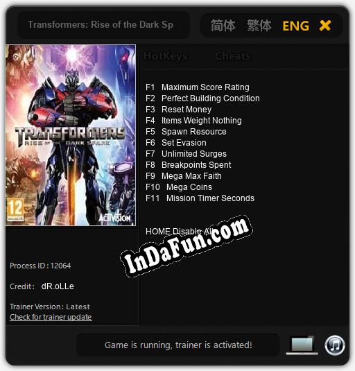 Transformers: Rise of the Dark Spark: TRAINER AND CHEATS (V1.0.92)