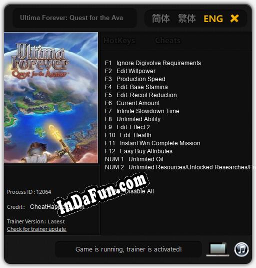 Trainer for Ultima Forever: Quest for the Avatar [v1.0.1]