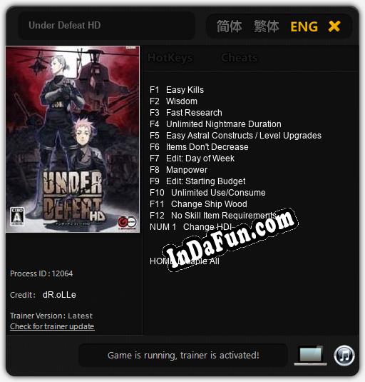 Trainer for Under Defeat HD [v1.0.8]