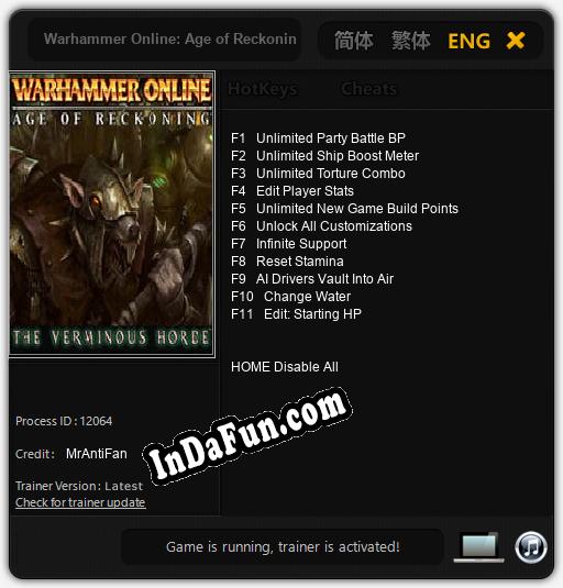 Warhammer Online: Age of Reckoning The Verminous Horde: TRAINER AND CHEATS (V1.0.1)