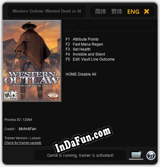 Trainer for Western Outlaw: Wanted Dead or Alive [v1.0.8]