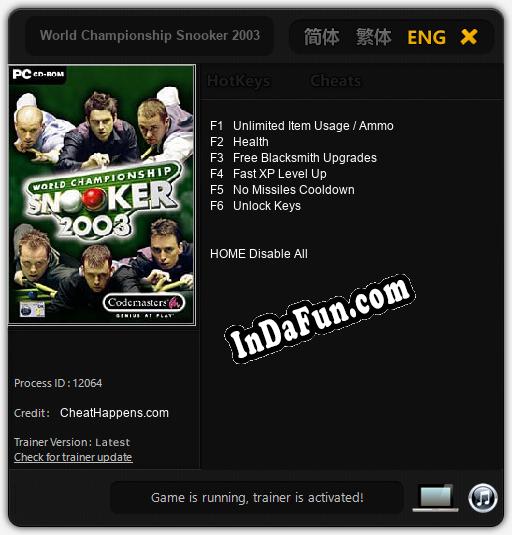 World Championship Snooker 2003: Cheats, Trainer +6 [CheatHappens.com]
