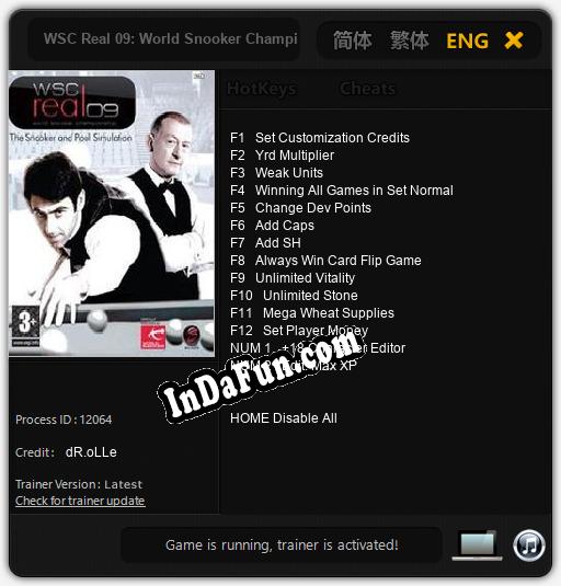 WSC Real 09: World Snooker Championship: TRAINER AND CHEATS (V1.0.89)